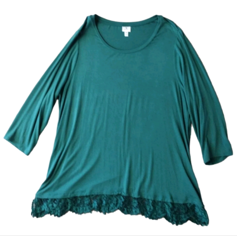 Dressbarn Tunic Woman 2X Green Pullover‎ Lace Hem 3/4 Sleeves Scoop Neck Relaxed
